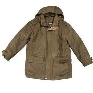 London Fog Mens‎ Faux Suede Hooded Parka Jacket Olive Green Large Very Nice Coat